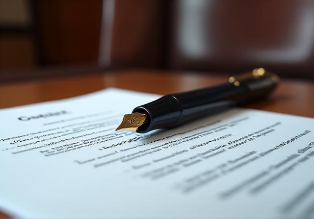 Close up of a luxury fountain pen on a legal contract in a London law office
